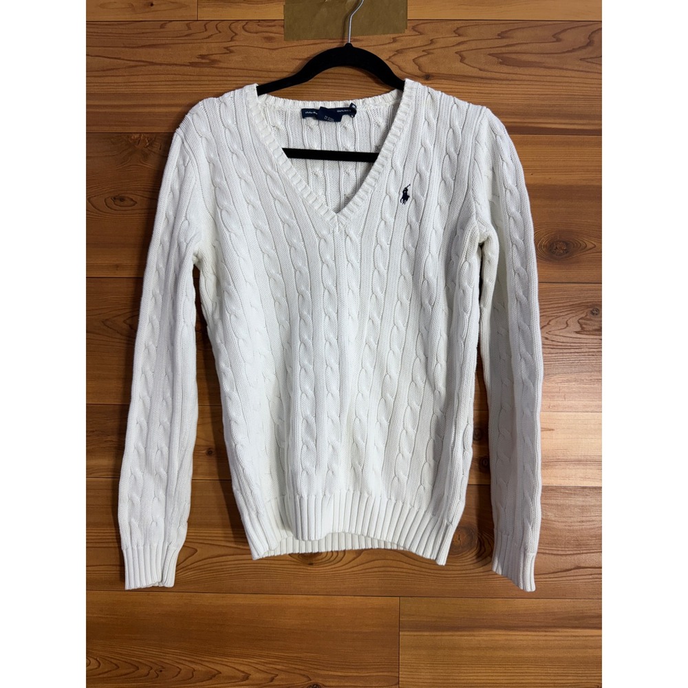 Ralph Lauren Sport Womens White Cable Knit V-Neck Cotton Sweater Pony Logo M